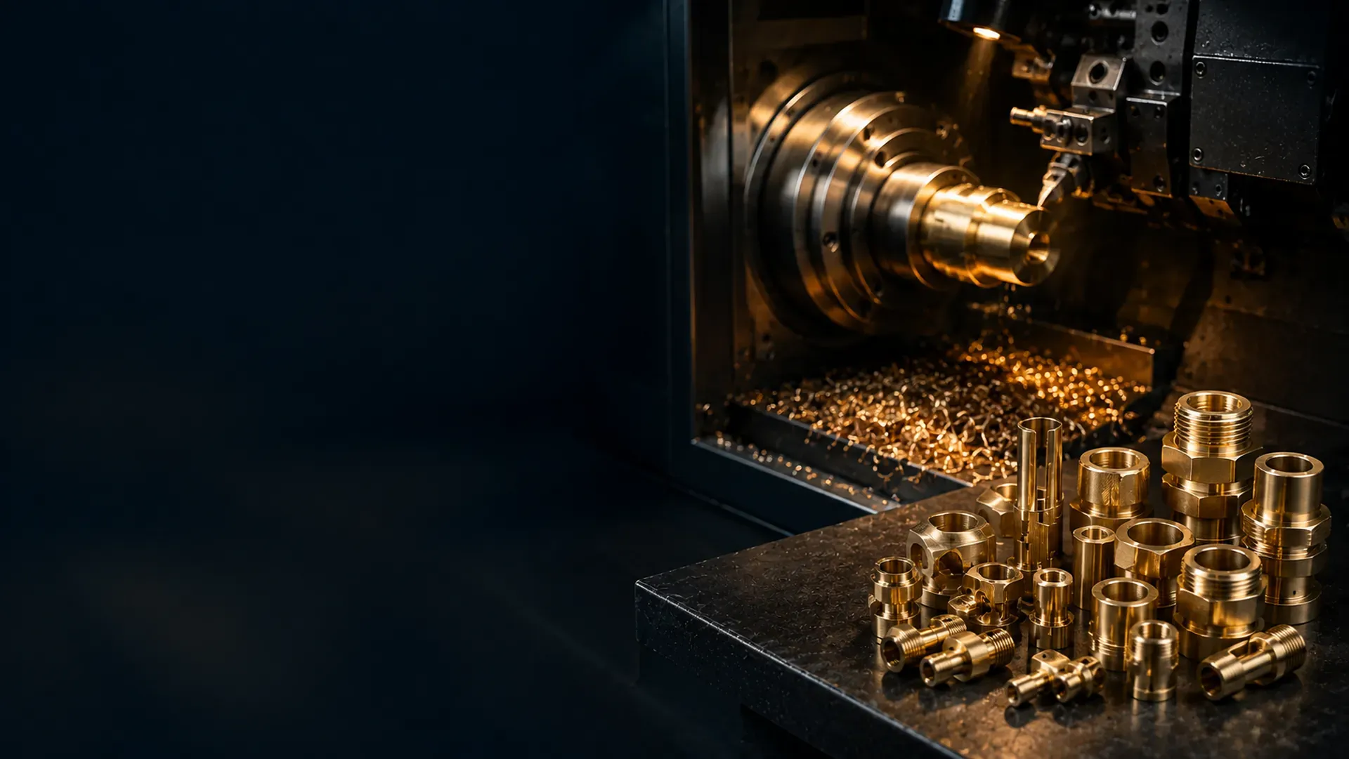 CNC turning centre machining brass with finished precision-turned brass components arranged on the bench